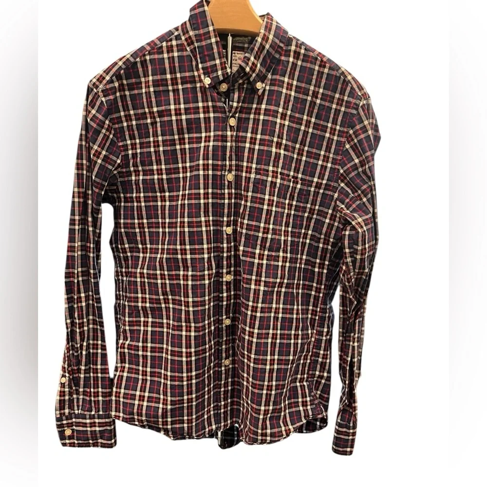 J Crew Button‎ Down Shirt Navy Blue Red Plaid Slim Fit Mens Size Large